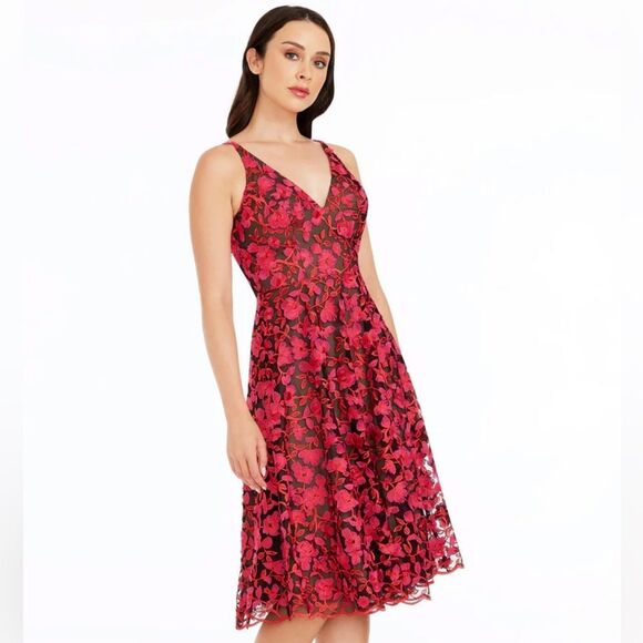 Dress the Population L Elisa Fuchsia Coral Black Tulle V-Nevk & Back Zip Dress - Picture 5 of 17